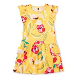 Tea Collection Flutter Sleeve Pocket Dress, Painterly Hibiscus & Yellow, Size 8